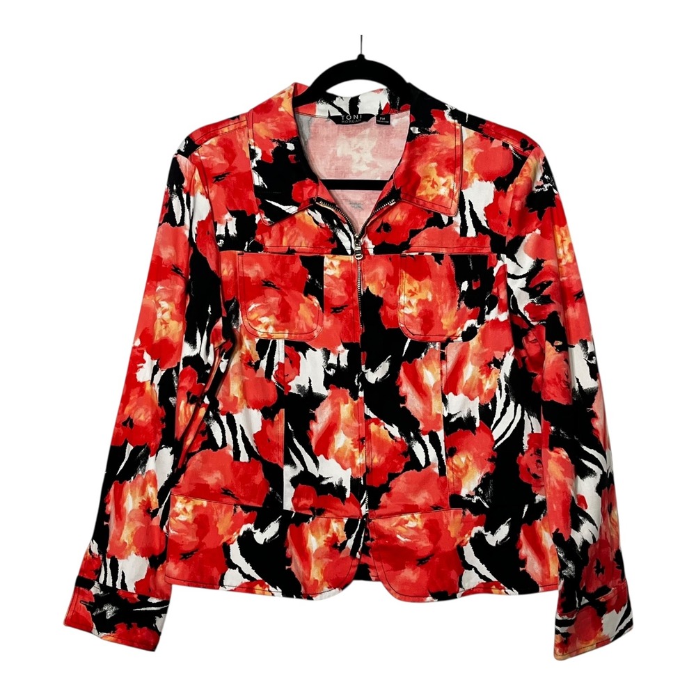 Toni Morgan Womens Petite Red Black Floral Zip Front Cotton Blend Jacket PM